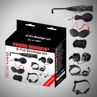 Bondage Set 8 Pcs Black Cuffs / Collar/ Mask/ Whipp/ Clamps/Rope Etc