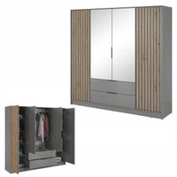 SZAFA GARDEROBA SOREN 4D SZARA 200CM OTWIERANA DUŻA PÓŁKI DRĄŻEK LUSTRO