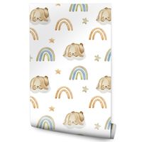 Tapeta Flizelinowa Do Pokoju Dziecięcego Śpiące KRÓLICZKI Tęcze Gwiazdy