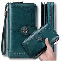 Portfel damski skórzany duży lakierowany pojemny RFID z paskiem zielony