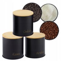 ZESTAW 3 POJEMNIKÓW KAWA HERBATA CUKIER CZARNE STALOWE BAMBUSOWA POKRYWA