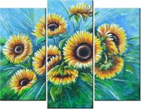 60 90CM OBRAZ 3 ELEM SŁONECZNIKI NIEBIESKIM ŚCIENNY DRUK PŁÓTNO