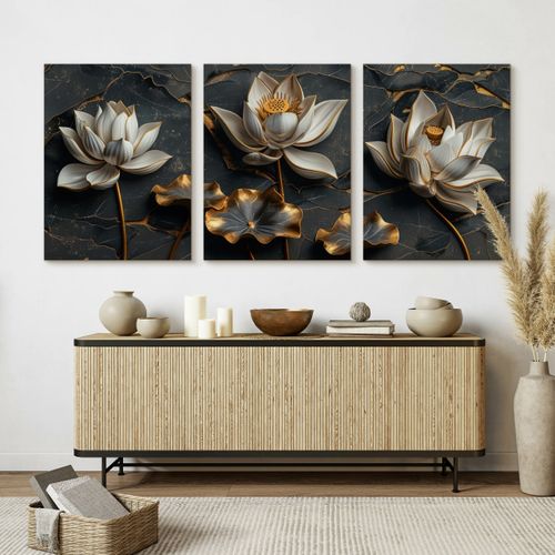 Obrazy Do Salonu Set Abstrakcyjne Białe Kwiaty Lotosu Glamour 90cm x 40cm na Arena.pl