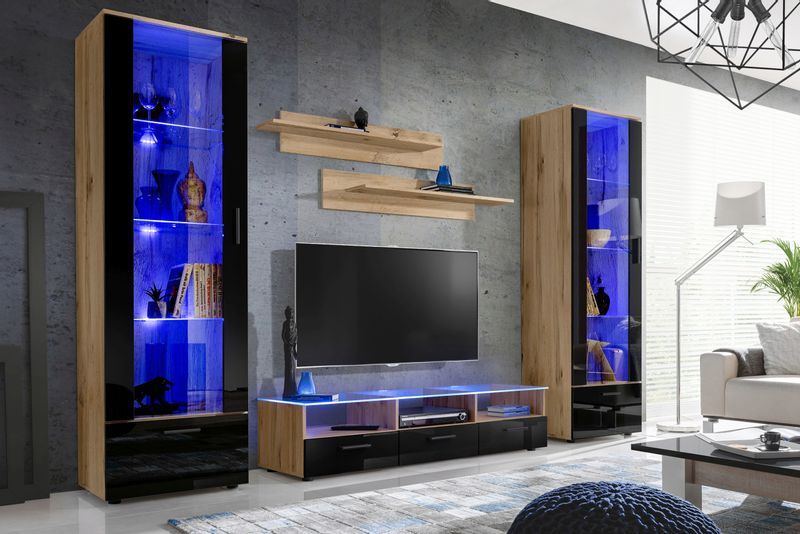 Witryna Szklana Regał Salon Czarny/Dąb Wotan z Półkami Bez LED 192x60 zdjęcie 14