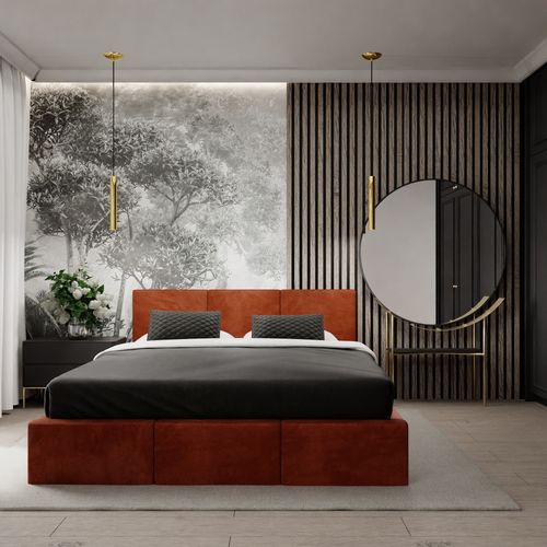 ŁÓŻKO TAPICEROWANE DO SYPIALNI 160x200 ŁÓŻKO PODWÓJNE Z POJEMNIKIEM MIODOWE na Arena.pl