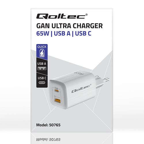 Qoltec Ładowarka sieciowa 65W GaN ULTRA | 5-20V | 2.25-3.25A | 1 x USB typ C PD | 1 x USB QC 3.0 | Biała na Arena.pl