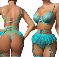 KOMPLET Bielizny Damskiej STANIK Sukienka PASY STRINGI TURKUSOWY M