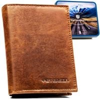 pionowy, jasnobrązowy portfel męski ze skóry naturalnej wyposażony