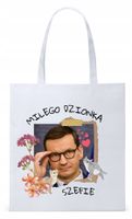 Mateusz Morawiecki Pis Torba Eco Biała Shopper Z Nadrukiem Ze Zdjęciem