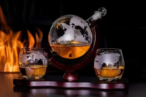 KARAFKA + SZKLANKI DO WHISKY STATEK GLOBUS GRAWER zdjęcie 6