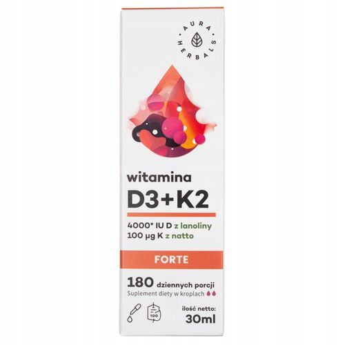 WITAMINA D3 4000 IU FORTE + K2 MK7 100mcg AURA HERBALS W KROPLACH Odporność na Arena.pl