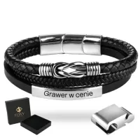Bransoletka Męska Czarna ze Skóry Srebrna GRAWER Prezent Dla Męża Chłopaka