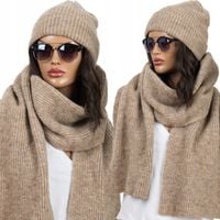 Komplet damski CZAPKA + SZALIK CIEPŁY ELEGANCKI ZIMOWY BEŻOWY PREMIUM
