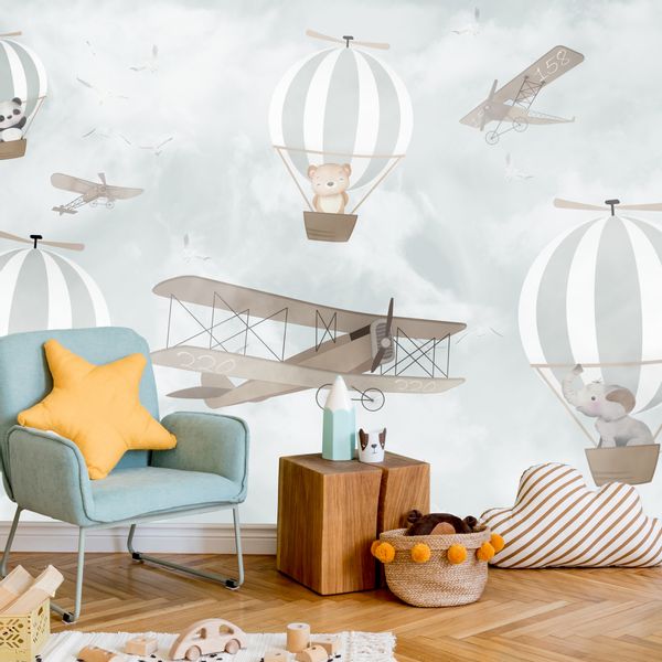 Fototapeta Dla Dzieci ZWIERZĘTA Balony Samolot Vintage 135cm x 90cm zdjęcie 4