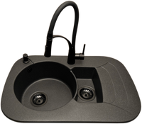 Zlewozmywak 1,5 komorowy z ociekaczem VIGEN  grafit z prawym ociekaczem + bateria NEXO + dozownik