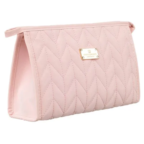 różowa kosmetyczka damska ze skóry ekologicznej z przeszywanym wzorem na Arena.pl