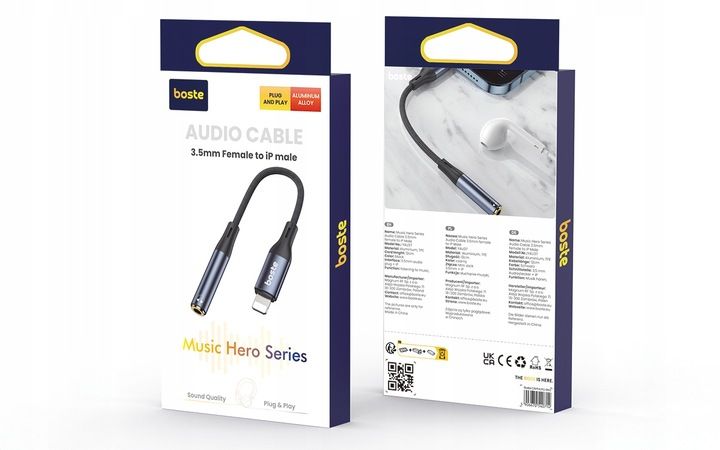 BOSTE ADAPTER PRZEJŚCIÓWKA AUDIO LIGHTNING DO IPHONE - MINI JACK AUX 12CM zdjęcie 3