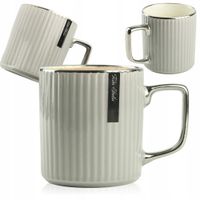 PORCELANOWY KUBEK NA KAWĘ HERBATĘ SZARY ZDOBIONY ZE SREBRNYM UCHEM 370ML