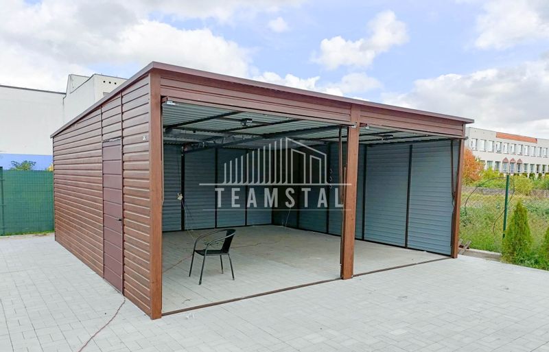 GARAŻ BLASZANY 6m x 5,8m poziom - spad tył 2x Brama uchylna + drzwi - ciemny orzech - drewnopodony TS241 6x5,8 zdjęcie 7