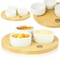 DESKA BAMBUSOWA Z BIAŁYMI MISECZKAMI DO SERWOWANIA SOSÓW PRZEKĄSEK OKRĄGŁA