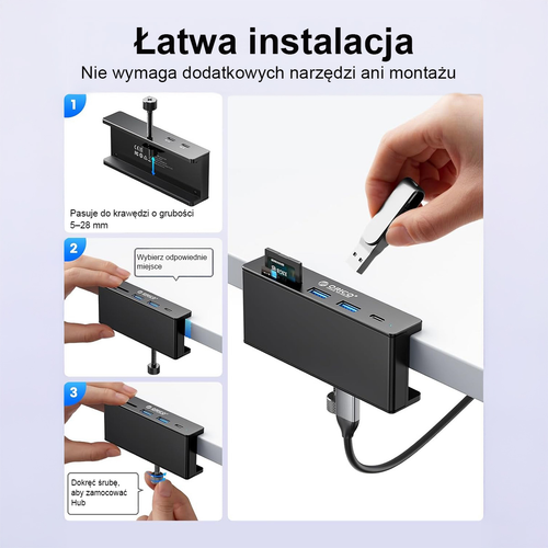 Orico Aktywny hub USB-C 10Gbps, 15W, przykręcany, 2x USB-A, czytnik SD, na Arena.pl