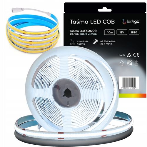 Taśma LED Neon COB 12V 10m 320 diod 6000K BIAŁA ZIMNA HOMOGENICZNA 8MM na Arena.pl