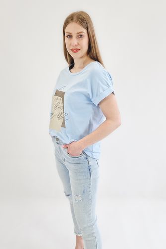 Niebieska Bluzka z Beżową Aplikacją i Napisami UNI na Arena.pl