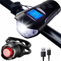 2X LAMPKA ROWEROWA LED LICZNIK PRĘDKOŚCIOMIERZ DZWONEK AKUMULATOR ZESTAW