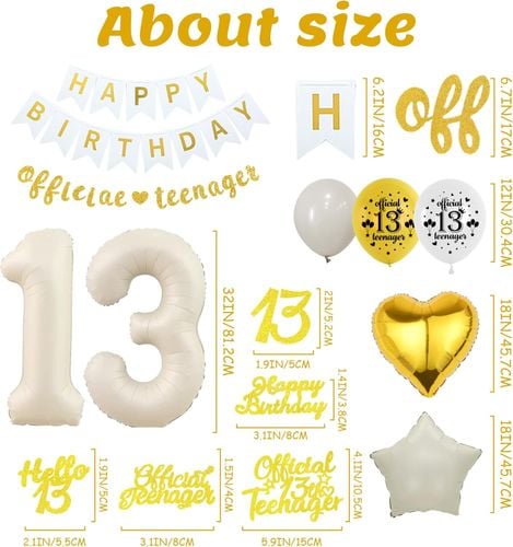 Zestaw Dekoracji 13 Urodziny 66 Sztuk Biało Złote Balony Baner Konfetti na Arena.pl
