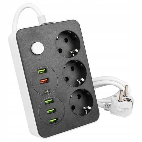 Przedłużacz listwa 2m zasilająca 6x USB UZIEMIENIE 3 GNIAZDA CZARNY 3x1MM na Arena.pl