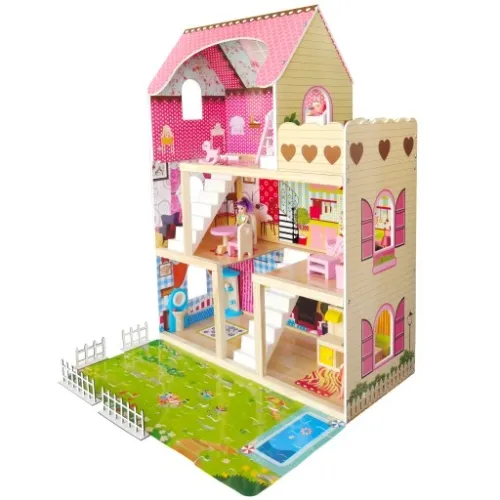 DUŻY DREWNIANY DOMEK DLA LALEK MEBLE + LALKI + LED na Arena.pl