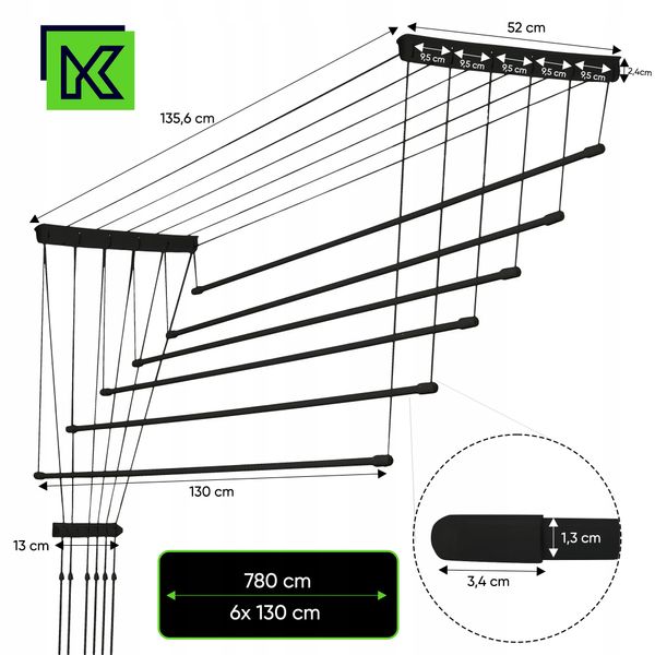Suszarka Na Pranie Ubrania Sufitowa 6 Prętów 130cm zdjęcie 3