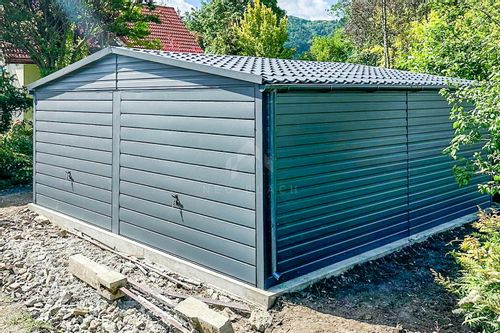 Garaż Blaszany 6x5,8m 2x Brama Uchylna Drzwi Rynny Blachodachówka NB195 na Arena.pl