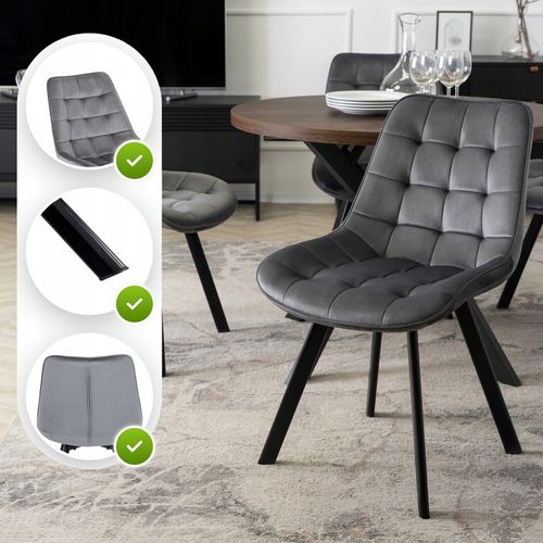 Krzesło Tapicerowane Welurowe Do Jadalni Salonu Loft Pikowane Szare na Arena.pl