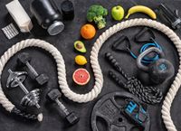 Fototapeta Sprzęt Sportowy Z Owocami I Warzywami Flizelina 104x70.5