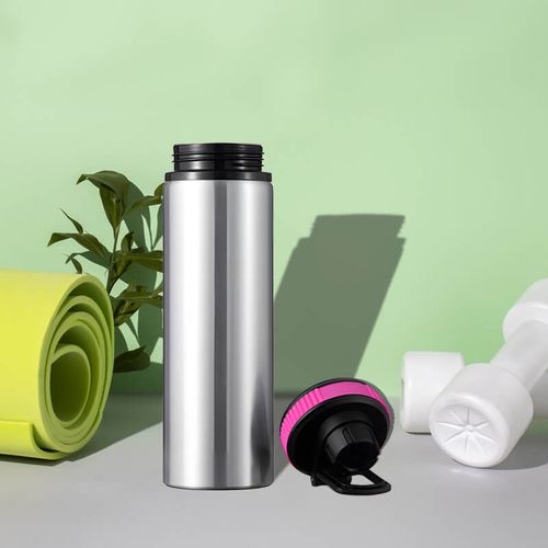 Srebrny bidon 850 ml - z rączką i zamykanym ustnikiem - z Twoim nadrukiem - różowa opaska na Arena.pl