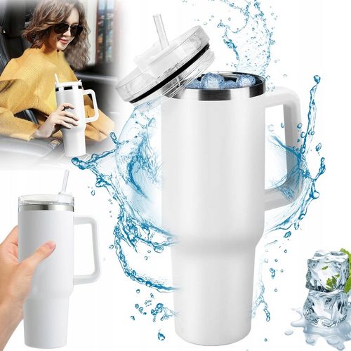 DUŻY KUBEK TERMICZNY Z UCHWYTEM I SŁOMKĄ TERMOS DUŻY 1200ML BIAŁY na Arena.pl