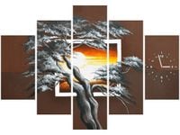 105CM 150CM ZEGAR 5 ELEM DRZEWO TLE ZACHODZĄCEGO SŁOŃCA DRUK OBRAZ