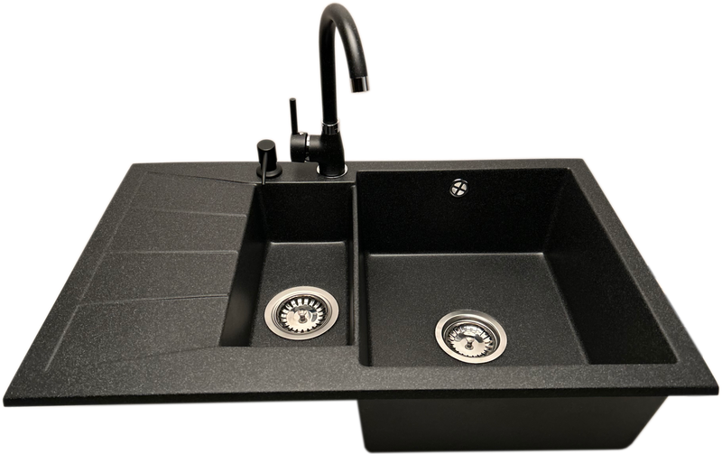 Zlewozmywak 1,5 komorowy z ociekaczem MILOS grafit z lewym ociekaczem + bateria NOON + dozownik zdjęcie 1