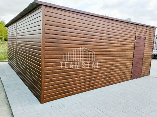 GARAŻ BLASZANY 6m x 5,8m poziom - spad tył 2x Brama uchylna + drzwi - ciemny orzech - drewnopodony TS241 6x5,8 na Arena.pl