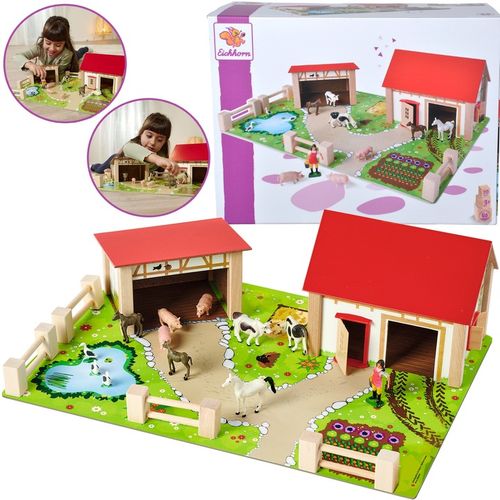 DUŻA DREWNIANA FARMA ZAGRODA + FIGURKI ZWIERZĄT KONIE ŚWINKI STAJNIA 25 EL. na Arena.pl
