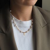 Naszyjnik różaniec - Białe Perły, złoty hematyt i srebro złocone