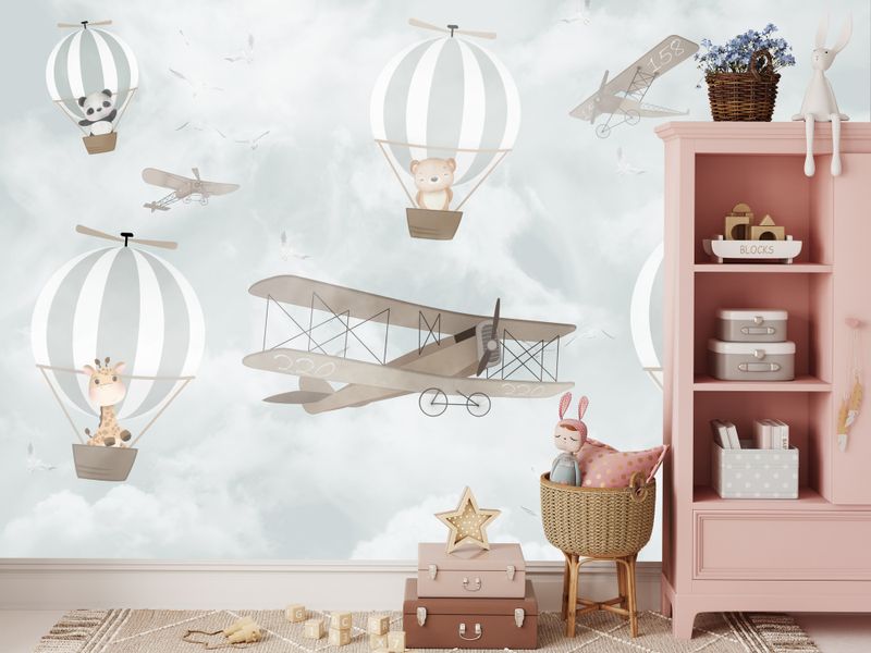 Fototapeta Dla Dzieci ZWIERZĘTA Balony Samolot Vintage 135cm x 90cm zdjęcie 9