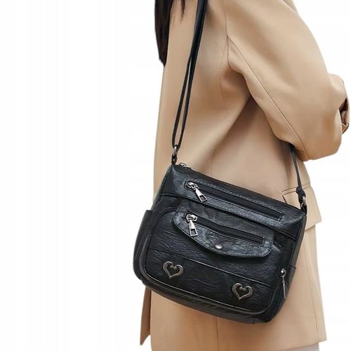 Torebka Damska MAŁA CZARNA na Ramię W serca Pojemna Kuferek Dużo Kieszonek na Arena.pl