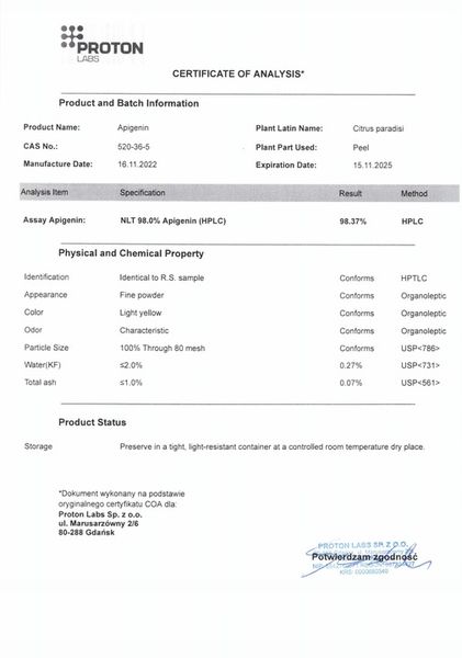 PROTON LABS Apigenina 15g CZYSTY PROSZEK Apigenin 98-99% PURE zdjęcie 6