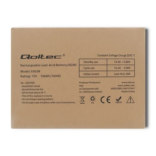 Qoltec Akumulator AGM  | 12V | 100Ah | max 1200A na Arena.pl
