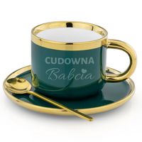 Filiżanka zielona ze spodkiem i łyżeczką + grawer prezent cudownej babci