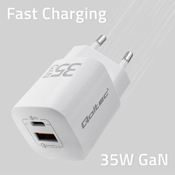 Qoltec Ładowarka sieciowa 35W GaN ULTRA | 5-20V | 2.25-3A | 1 x USB typ C PD | 1 x USB QC 3.0 | Biała zdjęcie 4
