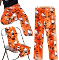 Spodnie piżamowe dresowe Hello Kitty pomarańczowe ciepłe Halloween XS