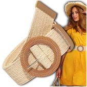 Jasny pasek damski słomiany beżowy elastyczny pas na talię pleciony